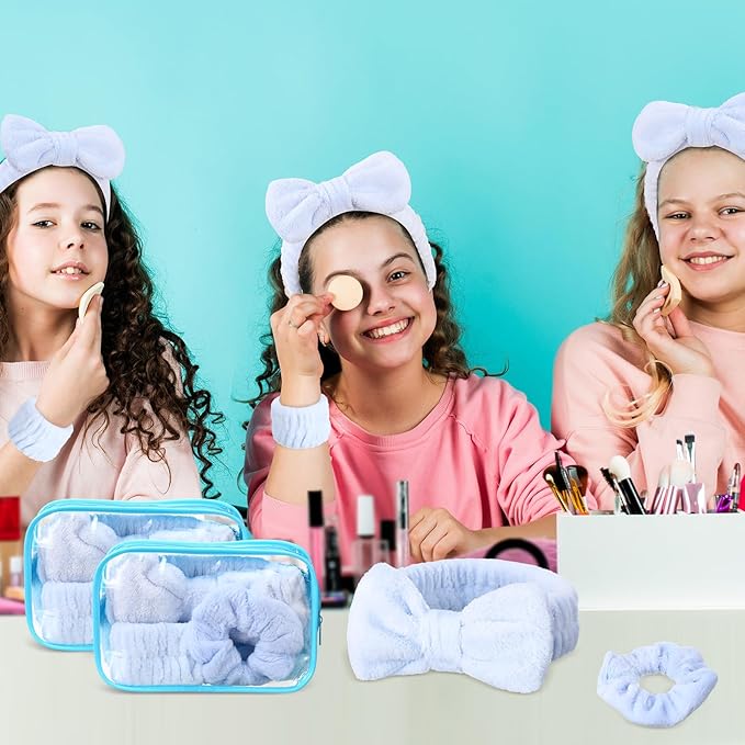 Hoteam 10 Pcs Galentine Spa Party Supplies Valentine Gift Set Sleepover Party Favor Spa Headband Wristband Sleep Eye Mask Velvet Scrunchies for Skin Care Makeup Slumber Night Favor(Blue)