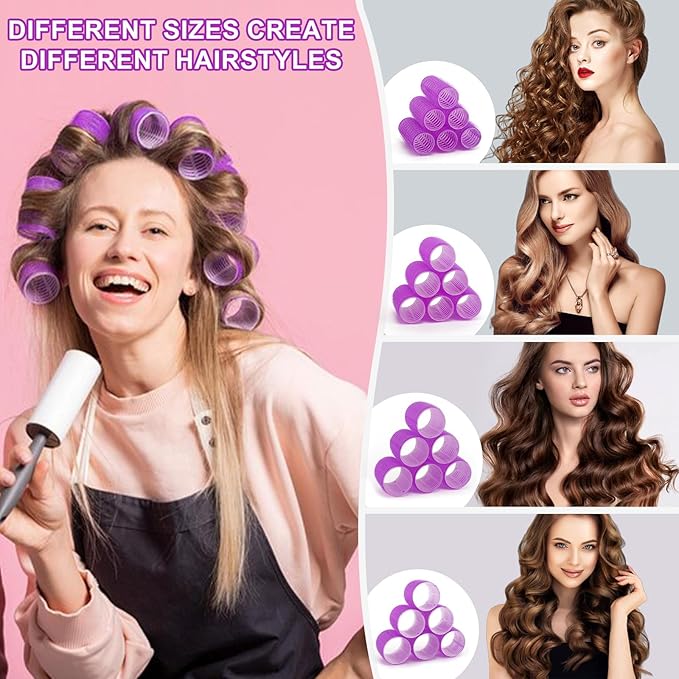 4 Sizes Hair Rollers for Women Set - 50 Pcs Hair Curler Rollers with Clips, Self Grip Hair Rollers for Long, Short Hair and Bangs, 25mm, 36mm, 48mm, 60mm, Purple