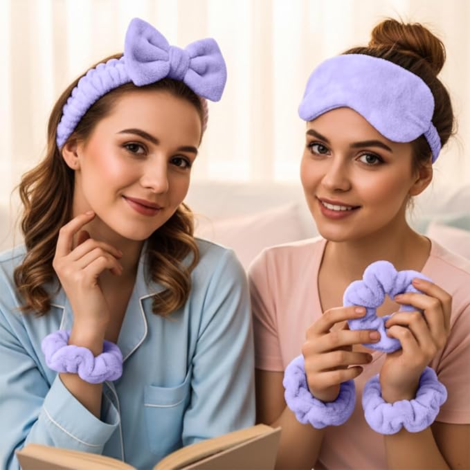 Hoteam 10 Pcs Galentine Spa Party Supplies Valentine Gift Set Sleepover Party Favor Spa Headband Wristband Sleep Eye Mask Velvet Scrunchies for Skin Care Makeup Slumber Night Favor(Light Purple)