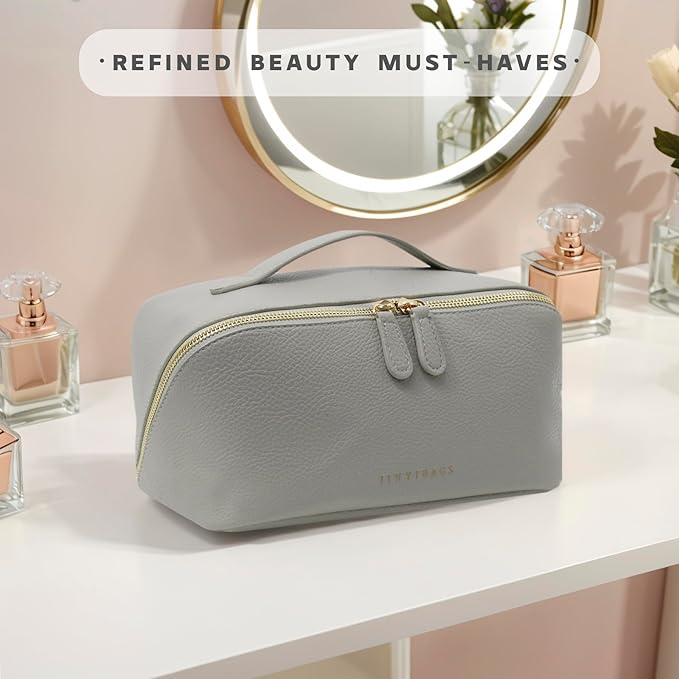 JINYIBAGS Travel Makeup Bag – Large Cosmetic Organizer with Waterproof PU Leather, Smooth Double Zipper & Tear-Resistant Lining, Toiletry Pouch for Women (Grey)