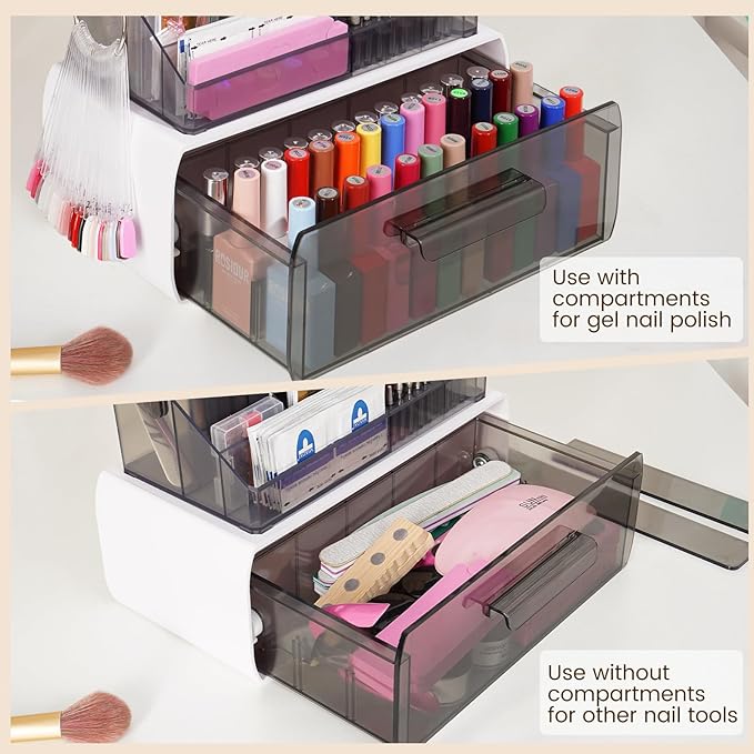 Nail Drill Polish Holder Stand- 2 Layers Nail Polish Storage Drawer- Professional 13 Holes Nail Drill Bits Holder & 40 Holes Nail Brush Pens Organizer Case Storage Box for Manicure Tools