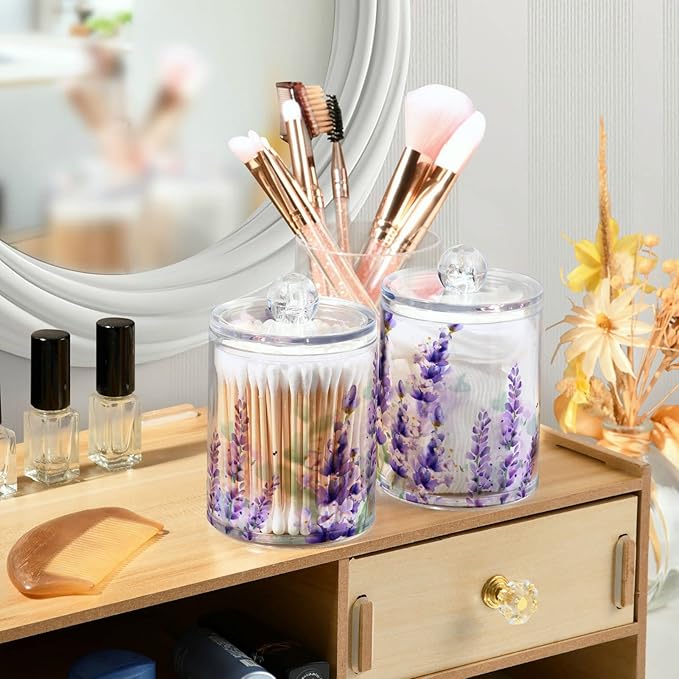 2 Pack Qtip Holder Dispenser Purple Lavender Storage Canister Bathroom Acrylic Plastic Apothecary Jars Vanity Organizer Lid for Cotton Swab/Ball/Pad