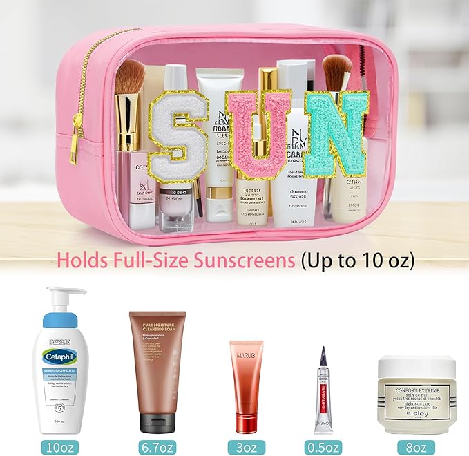 Clear Waterproof Makeup Bag, Cute Sunscreen Bag Pouch with Letter Patches, Travel Beach Pool Bag,Personalized Travel Toiletry Cosmetic Bags Gifts For Girl Women Mom Teacher Nurse (White-SUN)
