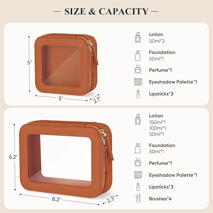 Clear Makeup Bag, Travel Toiletry Bag Cosmetic Case for Women, Waterproof Portable Make Up Skincare Pouch with Zipper, Compact Car Organizer Bag for Essentials, Mini & Medium, Brown