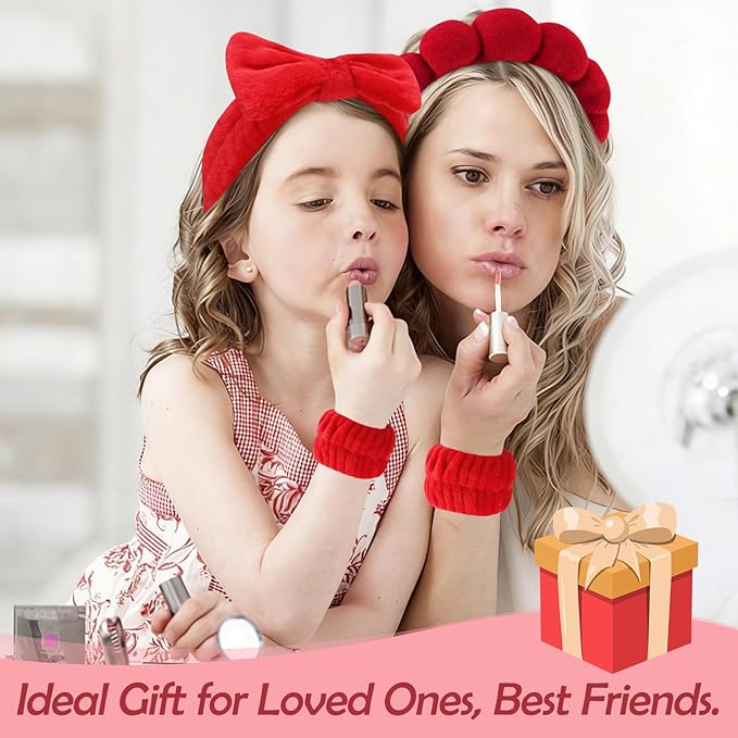 Canitor Spa Headband Wrist Bands Set with Hair Clips Skincare Skin Care Makeup for Washing Face Red Gifts for Women Preppy Tween Teen Girl Cute Trendy Stuff