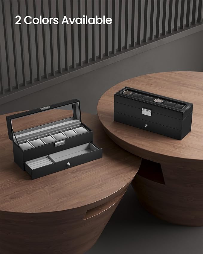 SONGMICS Watch Box, 6-Slot Watch Case Organizer with Large Glass Lid, 2 Layers, Removable Pillows, Metal Lock, Gift for Loved Ones, Black Synthetic Leather, Gray Lining UJWB060G01