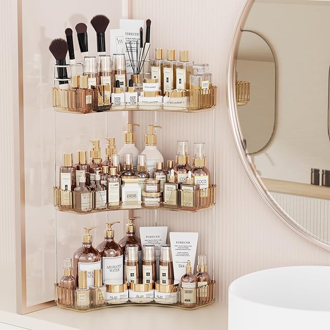 3-Tier Corner Bathroom Counter Organizer with Top Toothbrush Holders,Large Makeup Organizer Countertop with Brush Holder,Skincare Organizers Corner,Exquisite Vanity Organizer (Gold, 3 Tier)