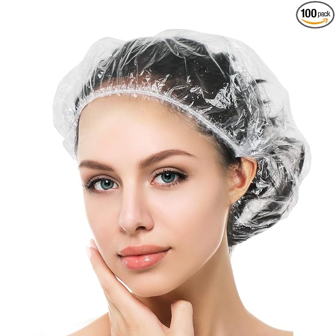 Auban 100PCS Disposable Shower Caps, Plastic Clear Hair Cap Large Thick Waterproof Bath Caps for Women, Hotel Travel Essentials Accessories Deep Conditioning Hair Care Cleaning Supplies(20.5")