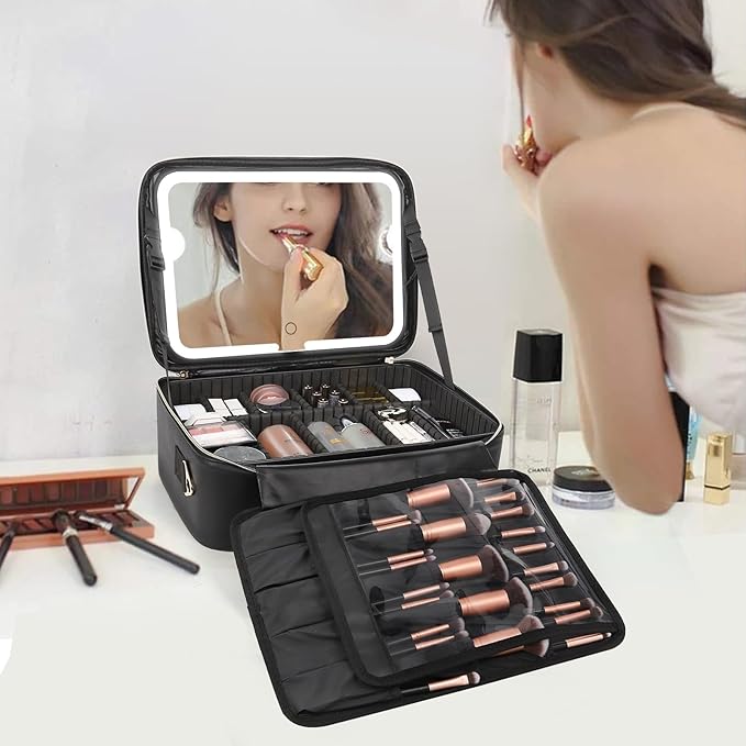 Relavel Makeup Bag with LED Mirror, 16.2 inches Large Professional Makeup Case for Makeup Artists, Travel Portable Cosmetic Organizer Storage Box for Women, Vanity Case with 3 Colors Lighted Mirror