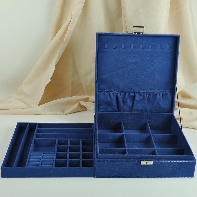 GYJOYERO Jewelry Boxes 10 x 10 Inches 2-layer Handle Necklace Holder Organizer Jewellery Women Rings Storage Display Girls Earrings Case Lockable Jewelry Tray GY641 (Navy)
