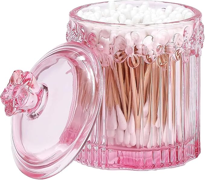 PENCK 2pcs Elegant Glass Qtip Holder Cute Apothecary Jars with Lid Stylish Hair Ties Candy Jar Bathroom Canister Essentials Accessories Decor Makeup Storage Organizer for Cotton Swabs, Balls (Pink)