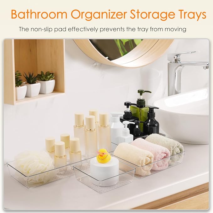 Criusia Drawer Organizer, 18 Pack Large Clear Plastic Kitchen Drawer Organizers Set, 6 Size Versatile Bathroom and Vanity Drawer Organizer Trays, Storage Bins for Makeup, Bedroom, Kitchen Utensils