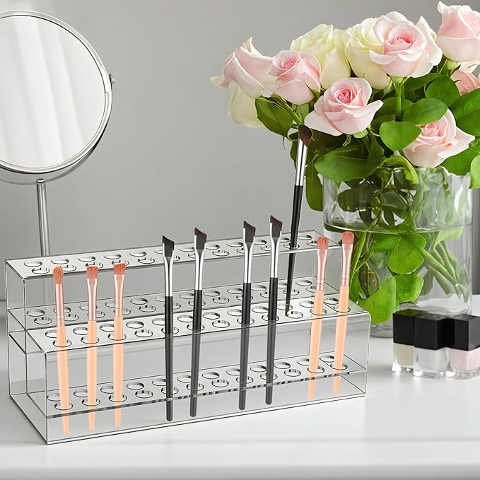 48 Holes Pen Display Stand, Acrylic Pencil Holder for Craft Shows, Clear Makeup Brush Rack, Beaded Eyebrow Art Brush Organizer, Makeup Tool Organizer for School Office Home Retail Store