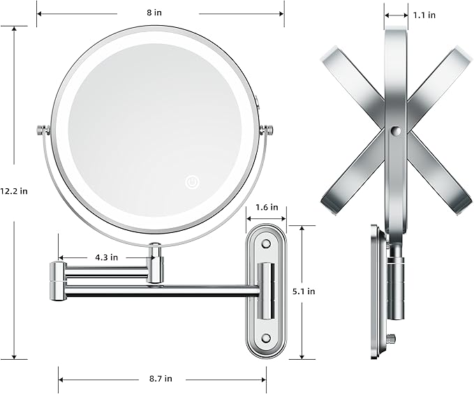 Rocollos Rechargeable Wall Mounted Lighted Makeup Mirror, 8 Inch Double-Sided LED Vanity Mirror 1X/10X Magnification,3 Color Lights Touch Screen Dimmable (Narrow Base-Chrome)