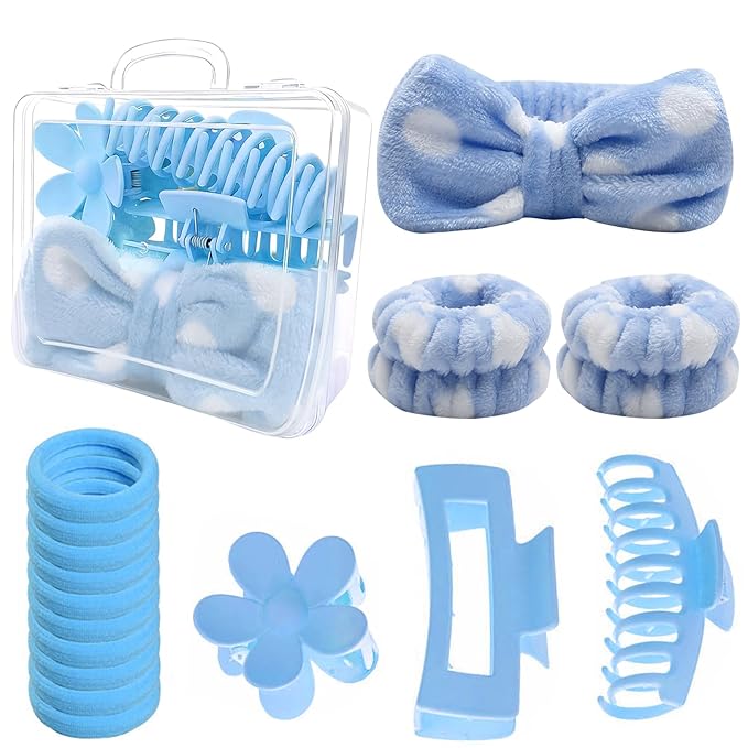 16 Pcs Skincare Headband Set, Face Washing Headband with Wristbands, Hair Claw Clips & Hair Ties, Spa Headbands for Women Girls, Perfect for Facial, Makeup, Shower, Gift Ready Bo