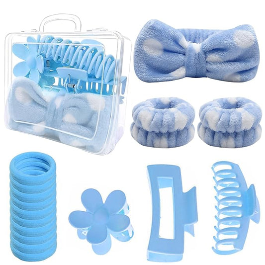16 Pcs Skincare Headband Set, Face Washing Headband with Wristbands, Hair Claw Clips & Hair Ties, Spa Headbands for Women Girls, Perfect for Facial, Makeup, Shower, Gift Ready Bo