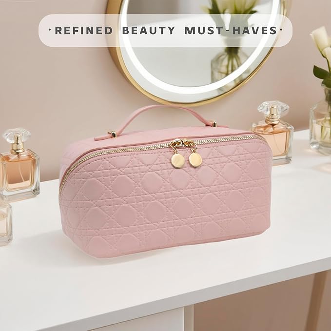 JINYIBAGS Travel Makeup Bag – Large Cosmetic Organizer with Waterproof PU Leather, Smooth Double Zipper & Tear-Resistant Lining, Toiletry Pouch for Women (Pink)