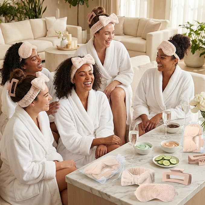 48 Pcs Galentine Spa Party Supplies Sleepover Essentials 12 Spa Headband 12 Plush Eye Mask 12 Claw Clips 12 Organza Bag for Adult Slumber Party Supplies Valentine Gift(Khaki)