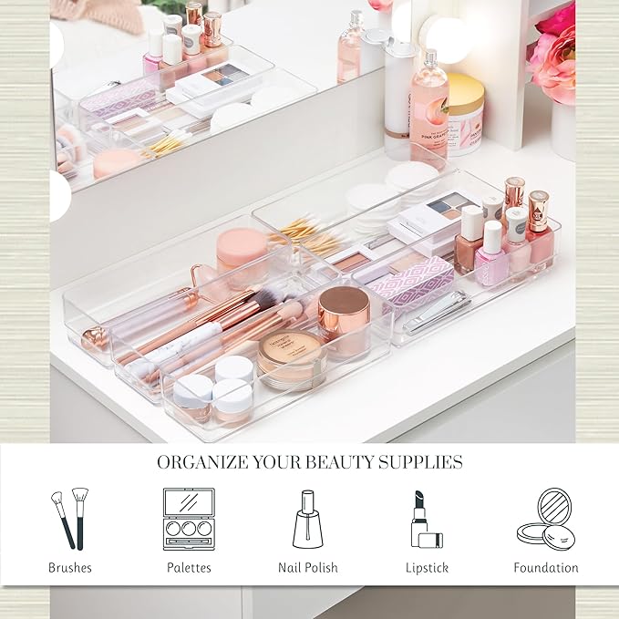 STORi SimpleSort 6-Piece Stackable Clear Drawer Organizer Set | 9" x 3" x 2" Rectangle Trays | Narrow Makeup Vanity Storage Bins and Office Desk Drawer Dividers | Made in USA