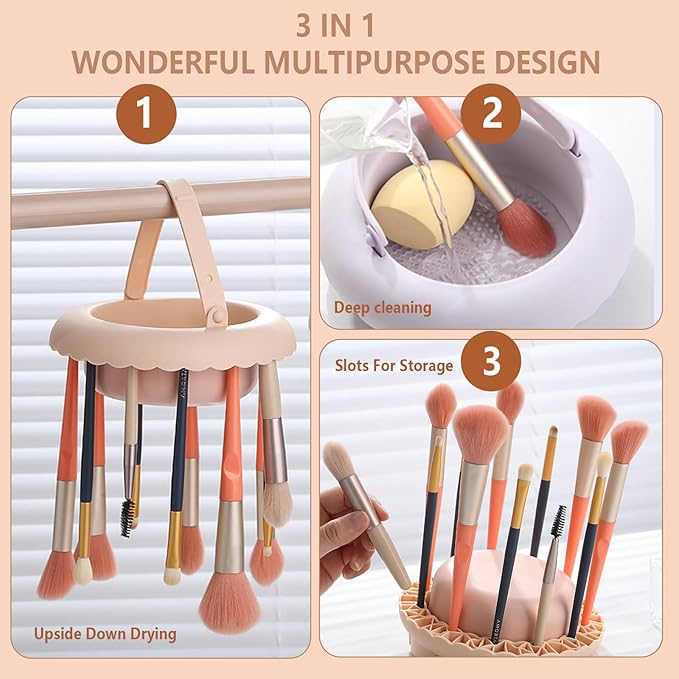 3-in-1 Makeup Brush Cleaner Mat, Silicone Brush Cleaning Bowl, Cleaning Tool & Storage Organizer for Brushes and Air Drying (Purple)
