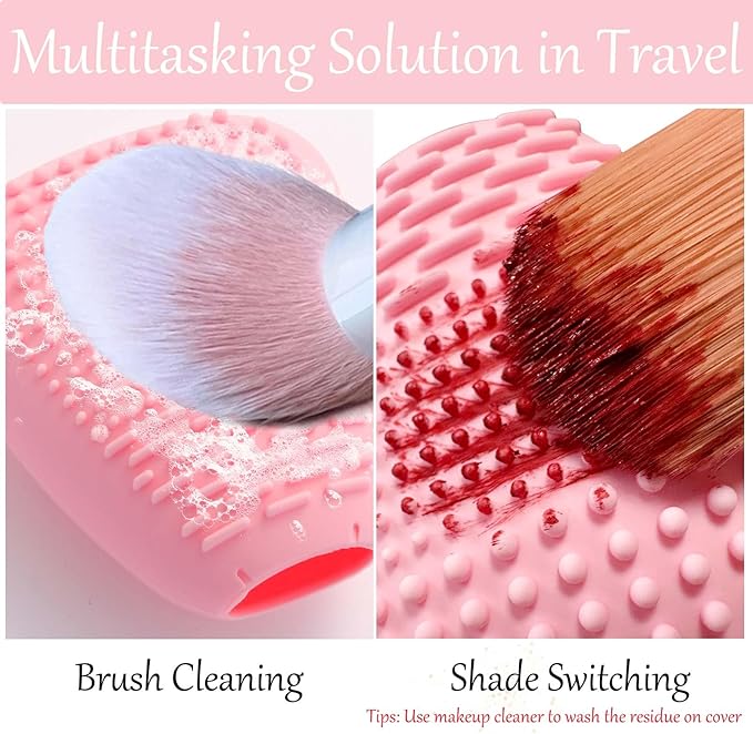 Silicone Travel Make-up Brush Holder with Cleaner Mat Pad, Organizer Case Covers for Foundation Eye Lip Brushes Storage Cleaning, Gift for Women Girl-friend Mother Wife, 5-Pcs Large + 7 Small, Pink
