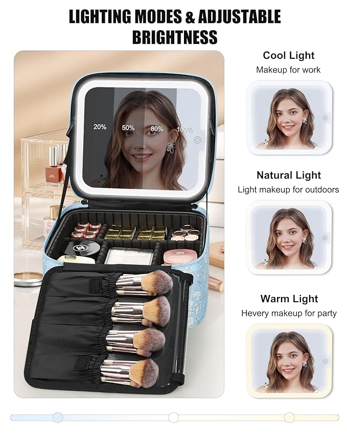 Relavel Travel Makeup Bag With LED Mirror for Women, Cosmetic Organizer Bag with Adjustable Brightness in 3 Color Scenarios, Detachable Dividers, Waterproof Train Case for Daily - White Flower