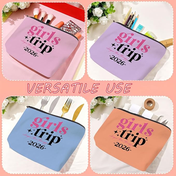 4 Pcs Girls Trip Gifts: Fashion Cosmetic Bag with Zipper, Water Resistant, Durable Nylon, 9W x 7H, Unisex, 4PCMB-2025Girltrip