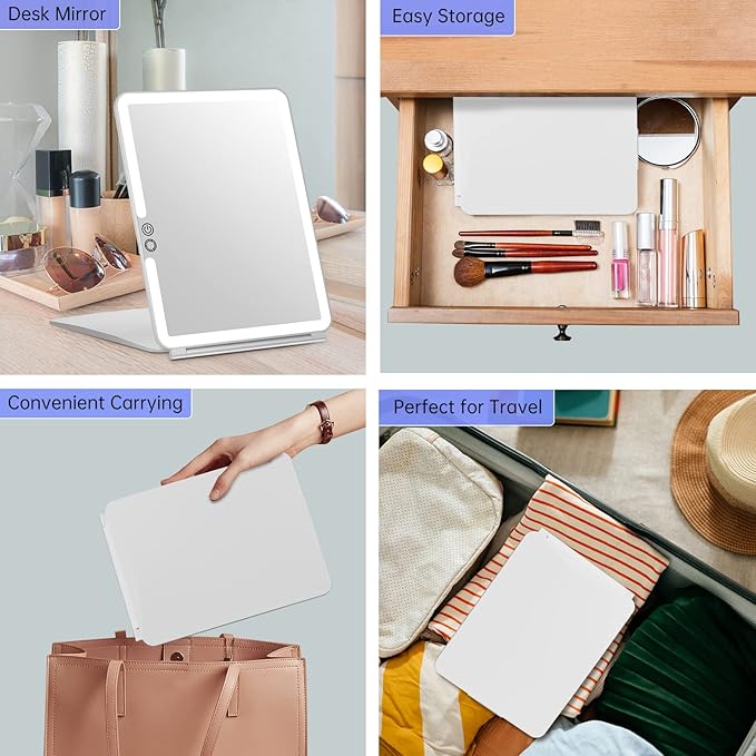 FUNTOUCH Rechargeable Large Travel Makeup Mirror with Lights, 1800mAh 10x7.5 Portable Lighted Makeup Mirror with 3 Color Lights, Dimming Folding Light Up Travel Mirrors with 10X Magnifying Mirror