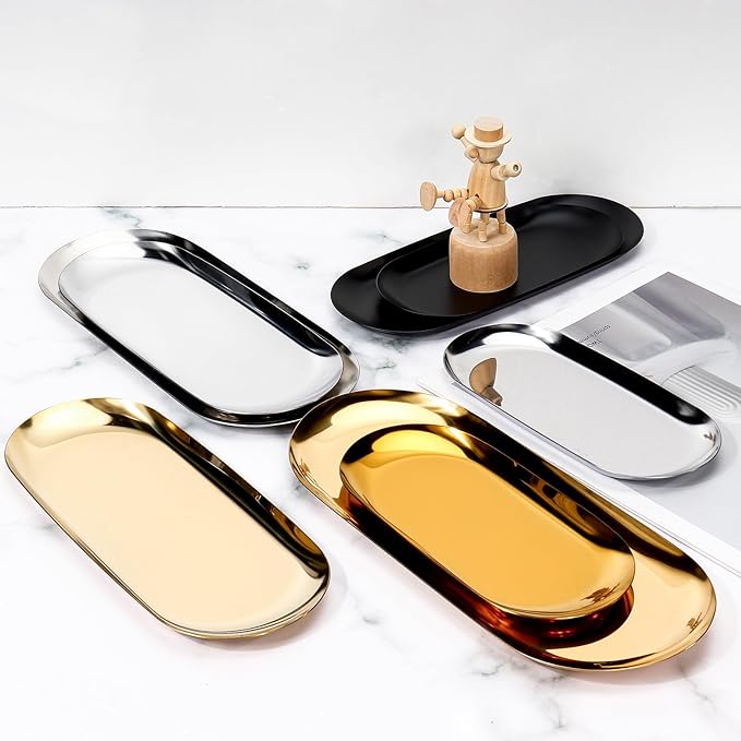 2PACK Black Decorative Tray,Oval Stainless Steel Trays, Decorative Tray for Jewelry Dish Cosmetics Organizer Bathroom Clutter Serving Platter (Black, 7 in)