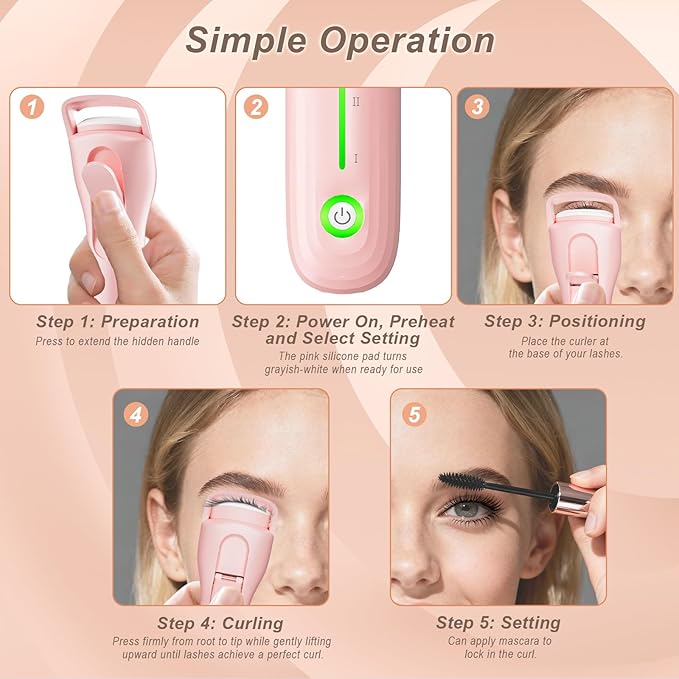 Heated Eyelash Curler, Type-C Rechargeable with 3 Temp Settings & Safe Silicone Pad for Natural Curls, Travel-Friendly (Pink)