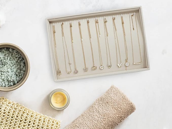 Stratalife Necklace Organizer Stackable Jewelry Organizer 20 Hooks Large Jewelry Tray Necklaces Holder Bracelet Storage for Women Girls Velvet (Beige Necklace Tray)