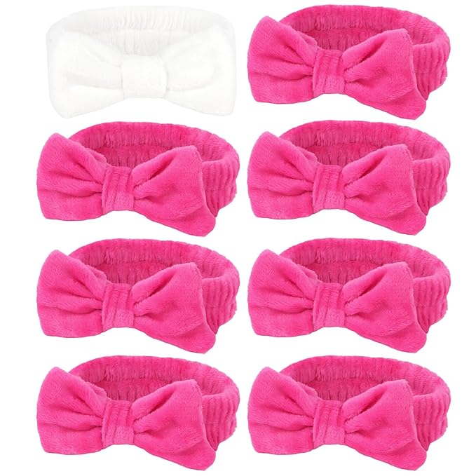 CIEHER 8 Pcs Hairbands for Bachelorette Party Favors - 1 White + 7 Hot Pink, Hair Accessories for Bride Bridesmaid, Securing Hair for Skincare Makeup, Spa, Yoga, Sports, Home, Law and Other Occasions