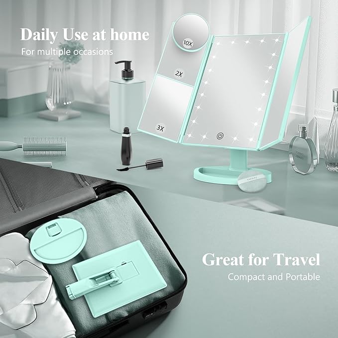 HUONUL Makeup Mirror, Vanity Mirror with Lights, 2X/3X/10X Magnification, Touch Control, Trifold Mirror, Dual Power Supply, Valentines Day Gifts for Her,Gifts for Women, Wife, Mom, Teengirls