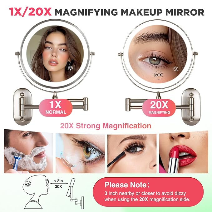 20X Magnifying Mirror with Light: 8.5 Inch Lighted Makeup Mirror, Wall Mount, 360 Rotation, Touch Screen, Rechargeable, Brushed Nickel