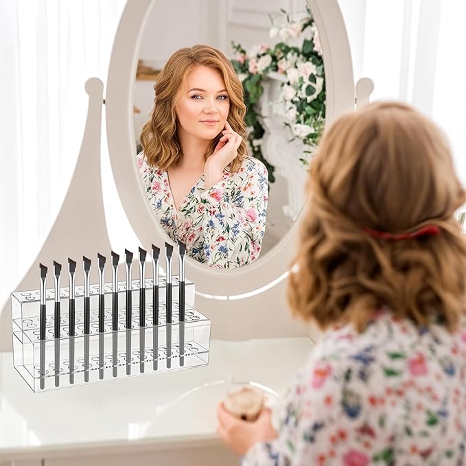 48 Holes Pen Display Stand, Acrylic Pencil Holder for Craft Shows, Clear Makeup Brush Rack, Beaded Eyebrow Art Brush Organizer, Makeup Tool Organizer for School Office Home Retail Store