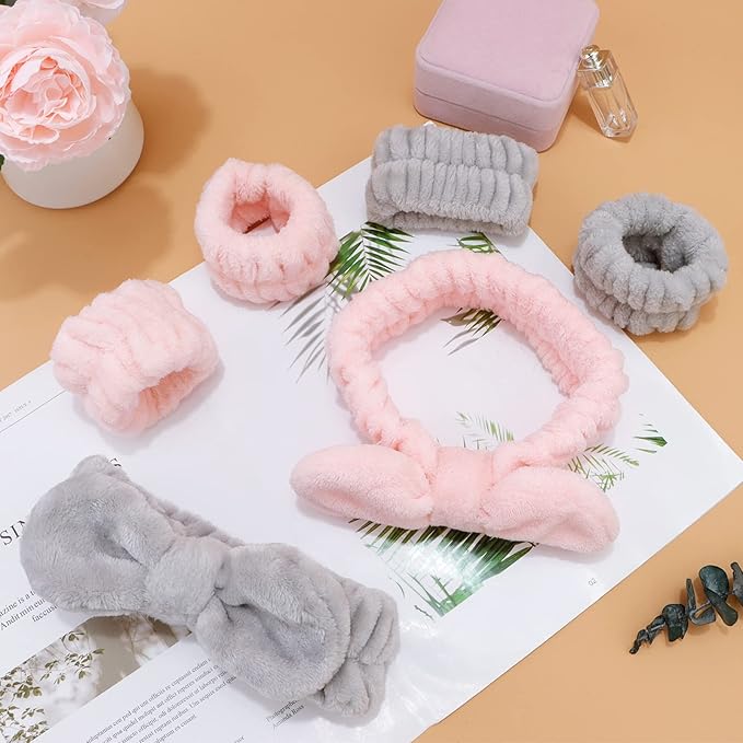 WHAVEL 6PCS Spa Headband and Wristbands Set, Face Wash Headband Wrist Bands for Washing Face Makeup Skincare Hair Band Skin Care Accessories Tools