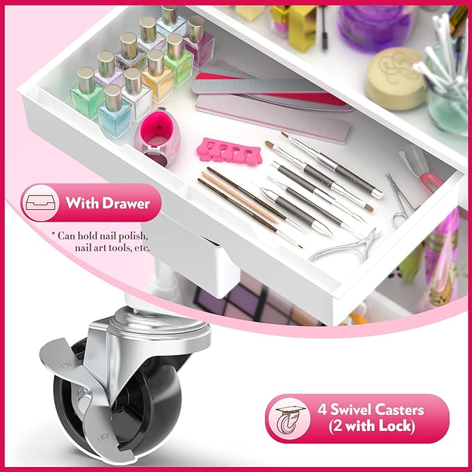 Makeup Cart Organizer with Drawers, Floor Skincare Organizers Vanity Storage Organizer, Rolling Makeup Bathroom Storage Cart Cosmetics Display Cases for Skin Care Perfume Nail Polish, White