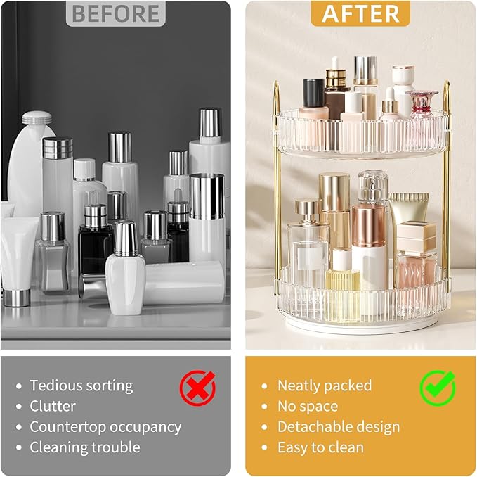 360° Rotating Makeup Organizer, Large Capacity SkinCare Organizer, 2 Tier Cosmetic Skin Care Perfume Dresser Organizer, Fits Cosmetics, Perfume, Skin Care, Lipstick