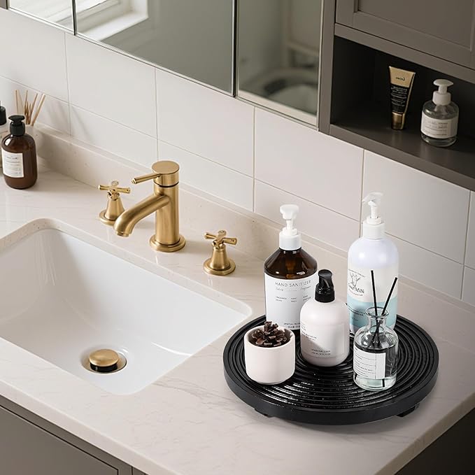 Round Decorative Tray Framhouse Bathroom Decor Wood Riser Kitchen Countertop Organizer for Perfume, Candle, Plant, 12 inch Black