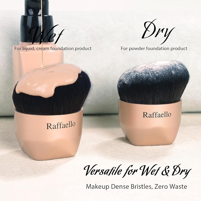 Raffaello Angled kabuki Foundation Brush: Fast, Flawless Foundation - Dense Soft Bristles for Streak-Free Liquid, Cream & Powder - Ergonomic Handle for Effortless Blending & Buffing (Champagne Gold)