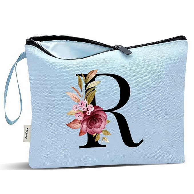 Vavabox A-Z Personalized Makeup Bag, Birthday Gifts for Women Mom, Gifts for Best Friend, Bride Bridesmaid Cosmetic bag (R, Blue)
