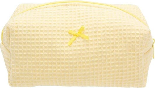 PAZIMIIK Cozy Makeup Bag Travel Cosmetic Bag for Women Soft Toiletry Bag Aesthetic Makeup Organizer Portable Large Zipper Pouch for Skincare Beauty Accessories Brushes Waffle Check Yellow