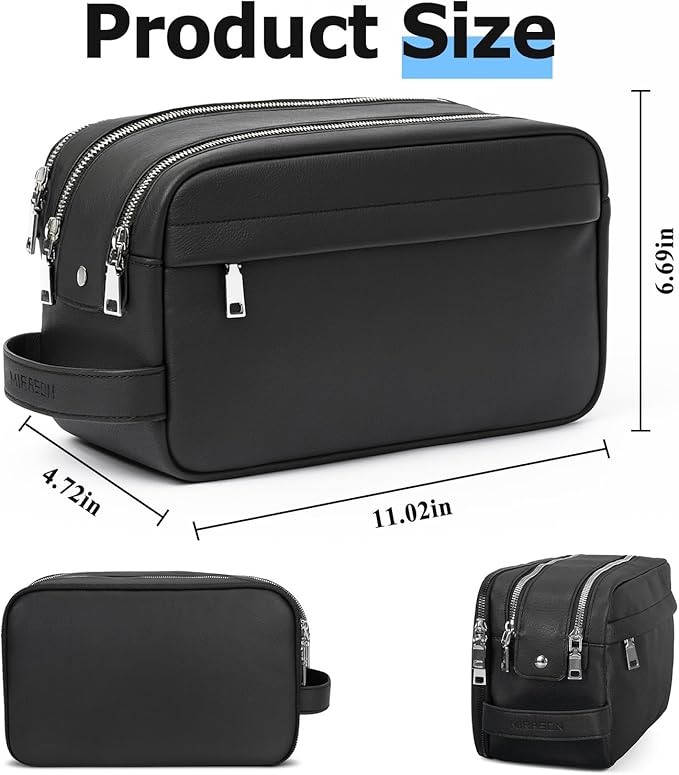 MIRASON Travel Toiletry Bag for Men Leather Travel Bag for Toiletries, Dopp Kit Water-resistant Shower Bag for Shaving Bathroom Organizer Gifts for Men, Black