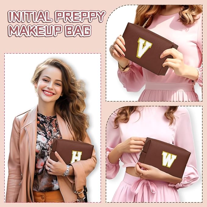 TOPEAST Monogrammed Gift for Women Girls, Personalized Initial Makeup Bags Cosmetic Bag with Zipper, Cute Makeup Pouch, PU Leather Waterproof Toiletry Bag, Preppy Gifts Stuff for Girl (Brown E)