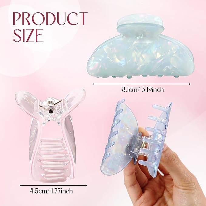 16 Pcs Large Acrylic Hair Claw Clips Bulk for Women Christmas Birthday Gift Fashion French Style Cute Hair Accessories Non-slip Hold Claw Clip for Thick Thin (3.19 Inch,Mermaid Princess Color)