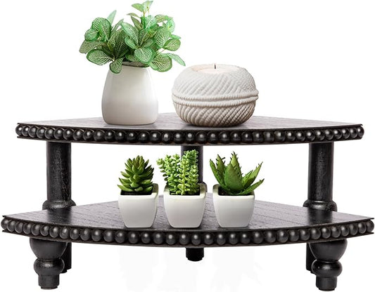 Defined Deco 2 Tier Corner Pedestal Stand Rustic Decor Riser for Display - Farmhouse Wood Beaded Tray Kitchen Bathroom Countertop Organizer for Coffee Bar, Plant Stand, Black Stackable Corner Shelf