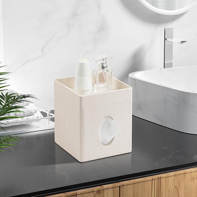 Tissue Box Cover, PU Leather Square Tissue Box Holder with Storage Tray for Bathroom Vanity Countertop Night Stands Bedroom Office Desk, Stylish Tissue Holder Decorative Organizer (Linen)