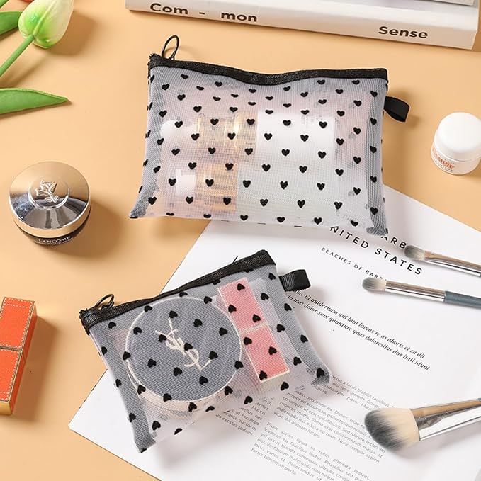 4-Piece Heart Printed Mesh Makeup Bag Set, Portable Travel Mesh Cosmetic Bags Toiletry Bags Makeup Purse Bags Mesh Zipper Storage Pouches for Home Offices Travel Accessories (White)