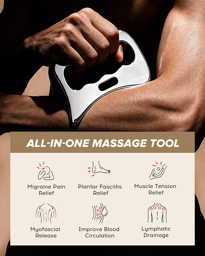 Coralogo Stainless Steel Gua Sha Tools - 4pc Skin Care Tools Set with Gua Sha Oil, Soap, Muscle Scraper for Face Massaging Body Relaxing, Self Care Gift for Her Birthday Valentine's Day