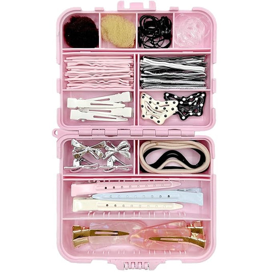 Hair Accessories Kit, Bobby Pins Hair Pins Hair Net Hair Clips and Hair Ties Hair Bands, Hair Kit for Dances Ballet Competition with Hair Accessories Organizer (PINK)